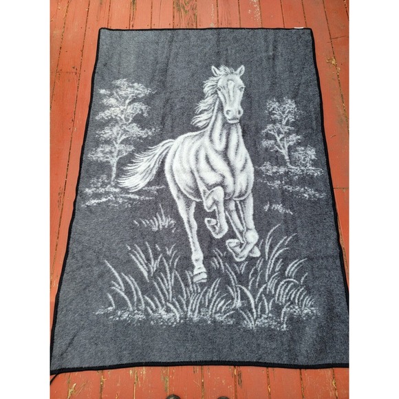Vintage Biederlack Blanket Bronco Horse Run Reversible 55” x 78” Black Gray Whi - Picture 1 of 6